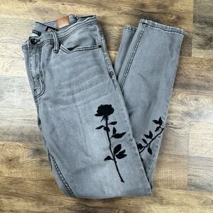 BDG Embroidered Black Roses Jeans Women's 36 Gray  Skinny Stretch Distressed‎
